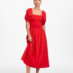 (Madewell) Smocked Puff Sleeve Midi Dress in Poplin in Cerise
